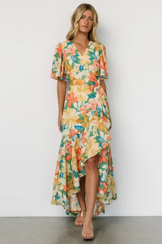 Adrianna Wrap Maxi Dress | Multi Floral Comfortable Satin Maxi Dress