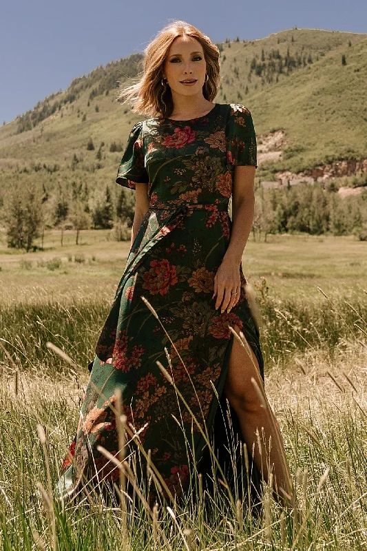 Agnes Satin Maxi Dress | Dark Green Floral Chic Summer Maxi Dress