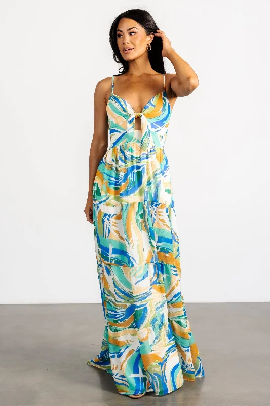 Alexis Maxi Dress | Blue Multi Print Stylish Off-Shoulder Maxi Dress