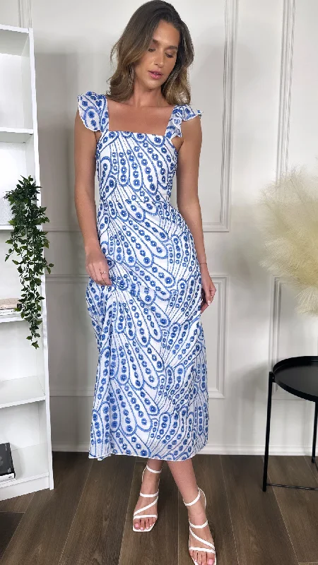 Alivia Blue Broderie Anglaise Maxi Dress Fashionable Halter Neck Maxi Dress