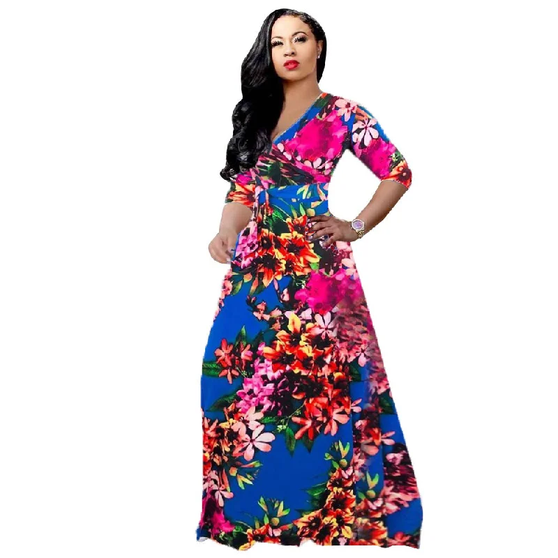 Amazon Hot Sale  Casual Deep V-neck Print  Flower  Maxi Dress Plus Size Long Sleeve Prom Fashion Dress Fashionable Chiffon Tiered Maxi Dress