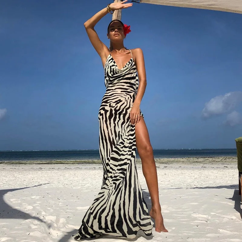 ANSKZTN Women Casual Zebra Stripe Print Sexy  Party Club Wear evening Slimming Spaghetti Strap Slit Maxi Dress Casual Maxi Dress with Pockets