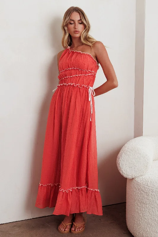 Ballad One-Shoulder Maxi Dress Coral Elegant Floral Maxi Dress