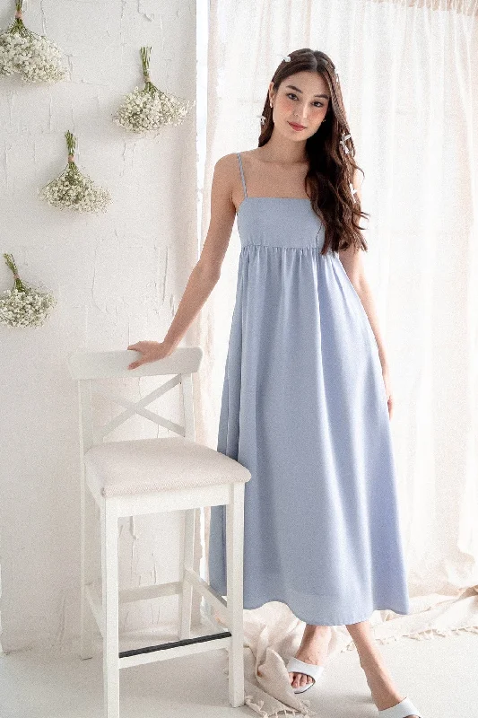 BELLA BABYDOLL SATIN MAXI DRESS IN SEA BLUE Elegant Maxi Dress with Belt