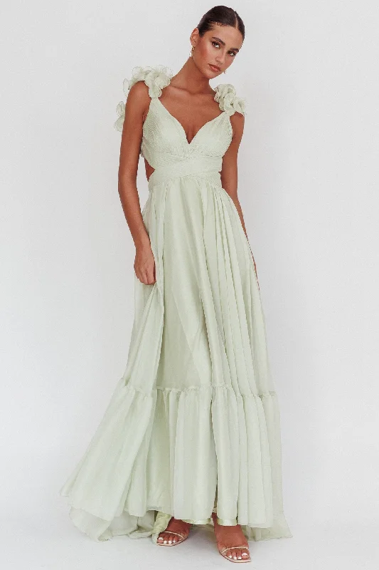 Bellamy Lace-Up Back Ruffle Maxi Dress Sage Elegant Silk Maxi Dress