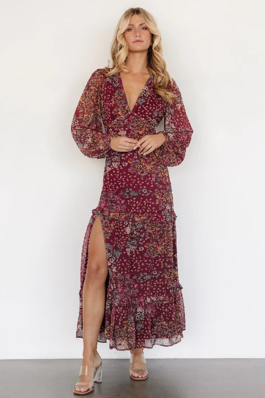 Bowman Deep V Maxi Dress | Burgundy Multi Trendy Ruffled Maxi Dress