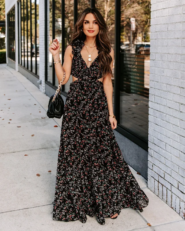 Charlotta Floral Ruffle Cutout Maxi Dress - Black - FINAL SALE Stylish Maxi Dress with Frills