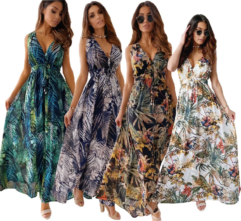 Coldker Sexy Deep V Neck Print Boho Sleeveless Backless Maxi Dress 2021 Summer Casual Tank Vintage Long Dresses For Women Dress Stylish Maxi Dress with Frills