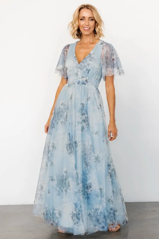 Cressida Tulle Maxi Dress | Blue + Off White Floral Cozy Wrap Maxi Dress