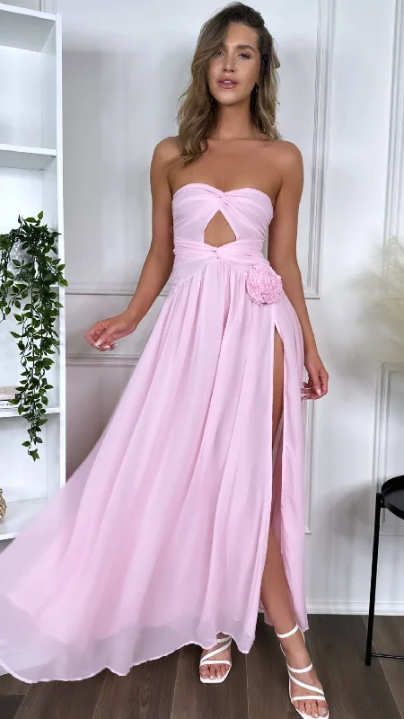 Dominique Pink Strapless and Corsage Detail Maxi Dress Comfortable Bohemian Maxi Dress