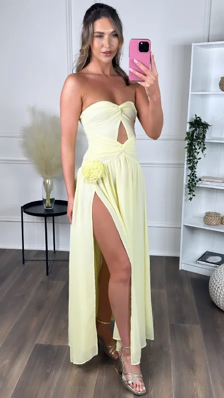 Dominique Yellow Strapless and Corsage Detail Maxi Dress Cozy Ruffle Sleeve Maxi Dress