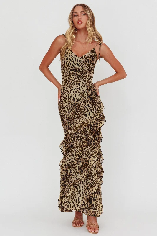 Dreamy Day Ruffle Trim Maxi Dress Leopard Stylish Button-Up Maxi Dress