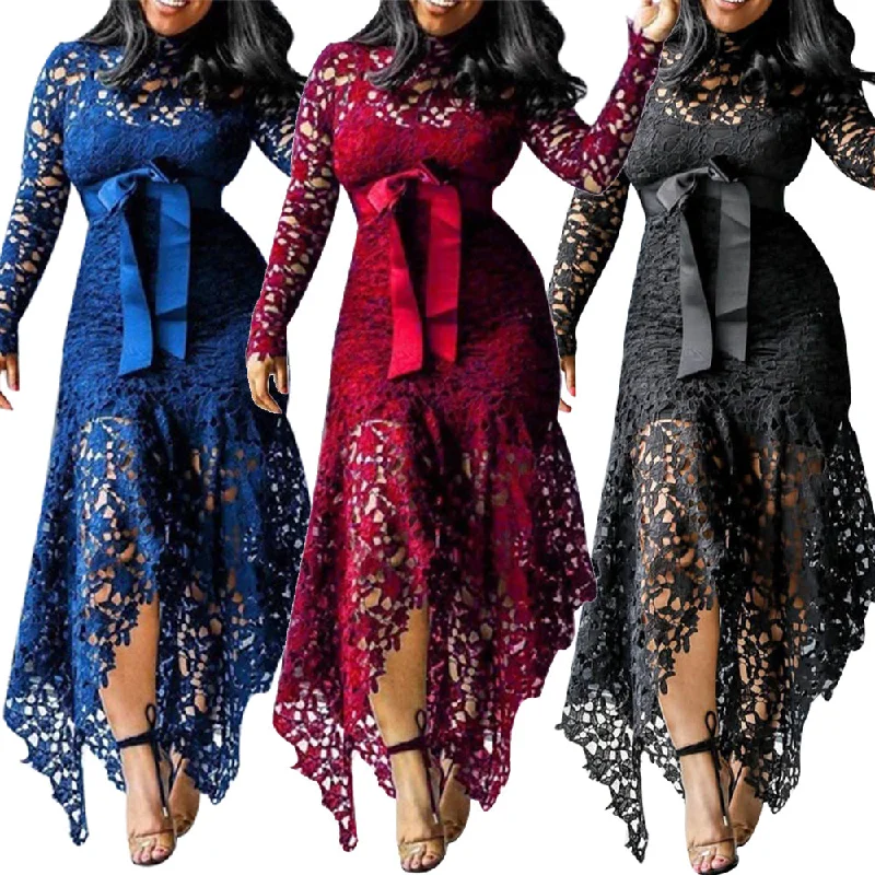 Elegant Vintage Party Sexy Lace Long Dress Plus Size 5XL Women Mesh Hollow Bodycon Blue African Maxi Dress Ladies Vestidos Comfortable Fitted Maxi Dress