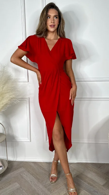 Emmie Red Wrap Over Maxi Dress Stylish V-Neck Maxi Dress