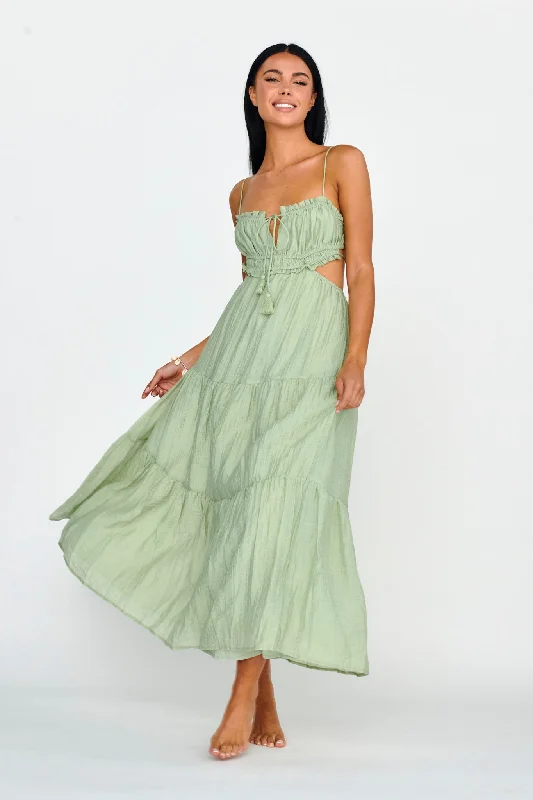 Eyona Cut-Out Waist Tie Maxi Dress Sage Comfortable Maxi Dress with Sleeves