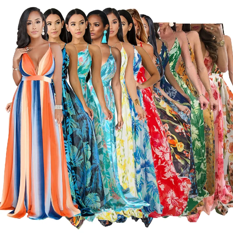 Floral Print Sleeveless Backless  Maxi Dress Bohemia Holiday Long Dresses for Women 2021 Spring Summer Casual Dress Fashionable Open-Back Maxi Dress