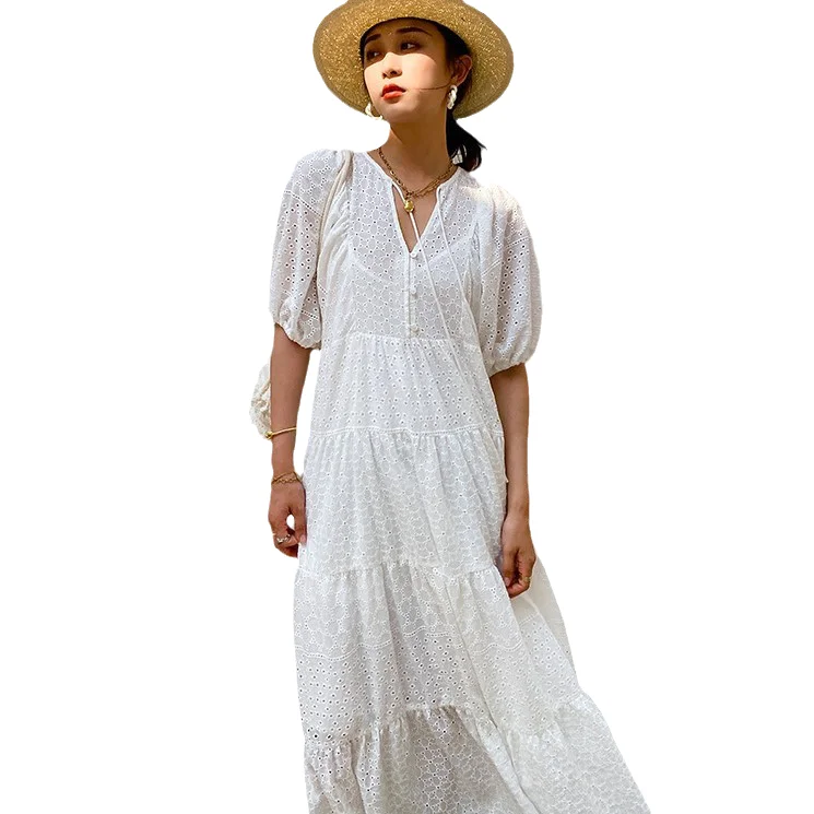 French Holiday Temperament  White Embroidered Cotton Bohemian Maxi Dress Women Comfortable Plunging Neckline Maxi Dress