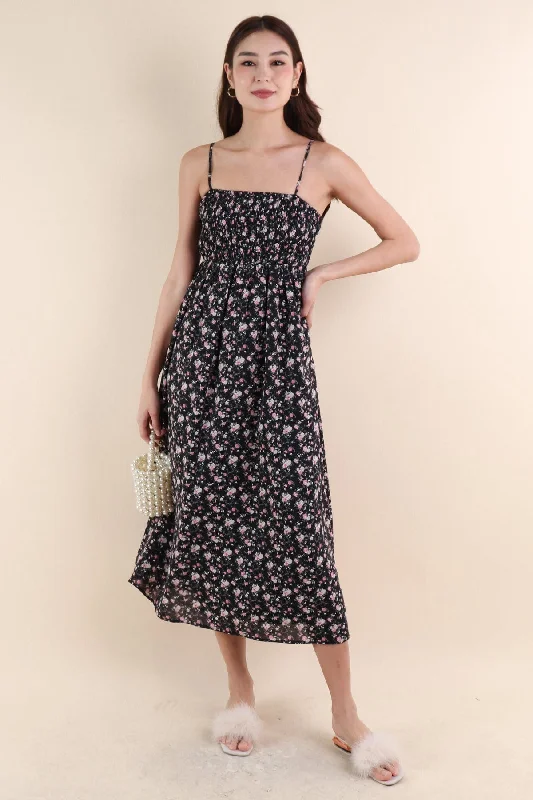 FUJI FLORAL MAXI DRESS IN BLACK Elegant Tiered Maxi Dress