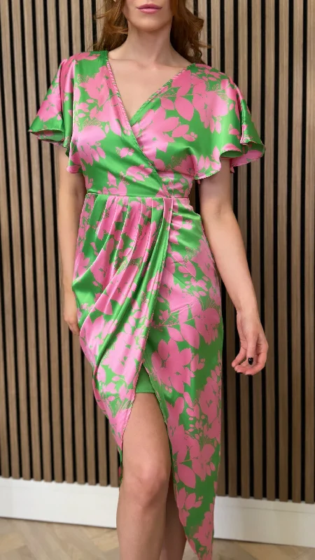 Havana Pink & Green Wrap Over Maxi Dress Comfortable Pleated Maxi Dress