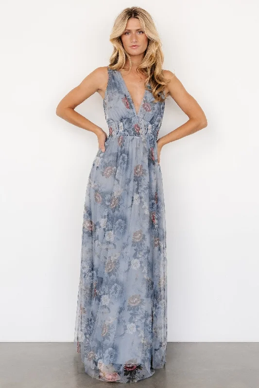 Kamila Tulle Maxi Dress | Dusty Blue Floral Comfortable Maxi Dress with Belt