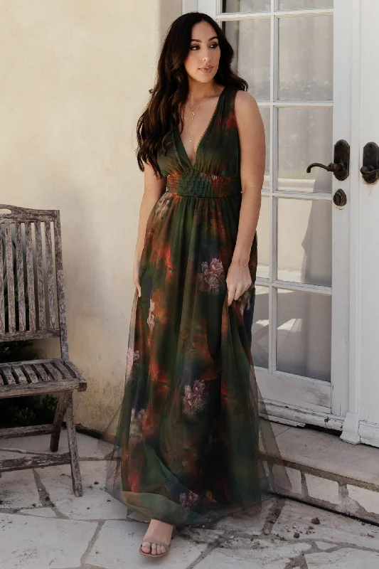 Kamila Tulle Maxi Dress | Olive Multi Floral Cozy Ruffle Sleeve Maxi Dress