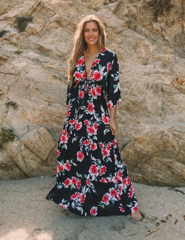 Kaydence Floral Kimono Tie Maxi Dress - FINAL SALE Fashionable High-Low Maxi Dress