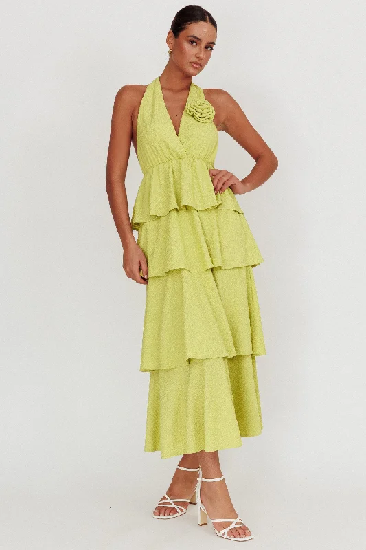 Kimberley Halter Neck Ruffle Maxi Dress Matcha Elegant Silk Maxi Dress