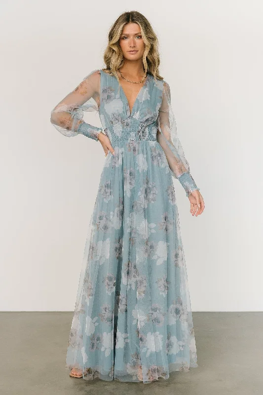 Layla Tulle Maxi Dress | Light Blue Floral Fashionable Halter Neck Maxi Dress