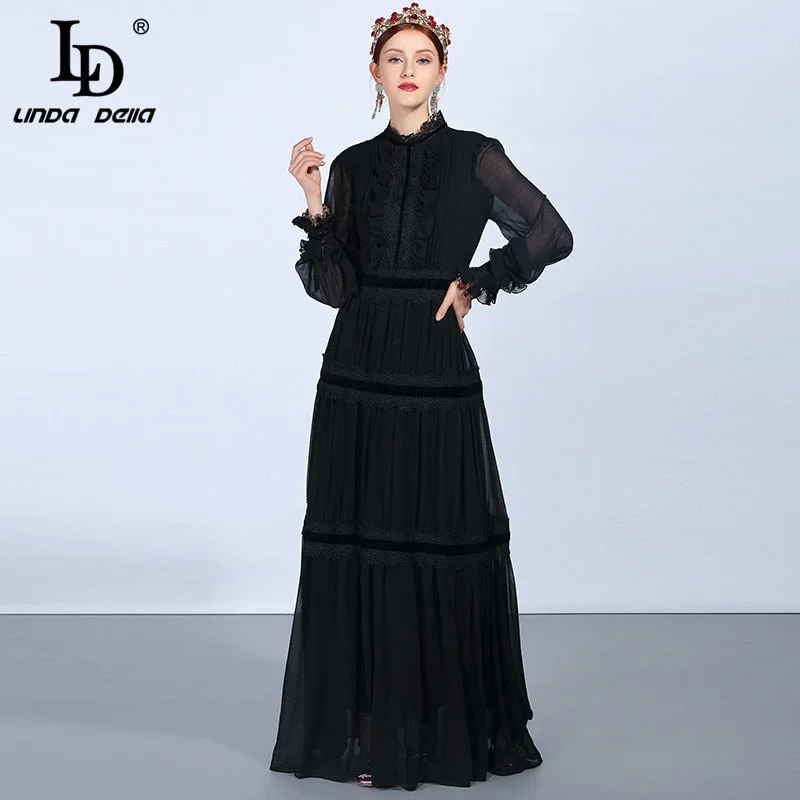 LD LINDA DELLA Fashion Runway Maxi Dresses Women's Long Sleeve Lace Patchwork Ruffles Vintage Black Dress Elegant Party Dress Trendy Fit-and-Flare Maxi Dress