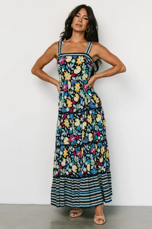 Lucia Tank Maxi Dress | Black Multi Print Stylish One-Shoulder Maxi Dress