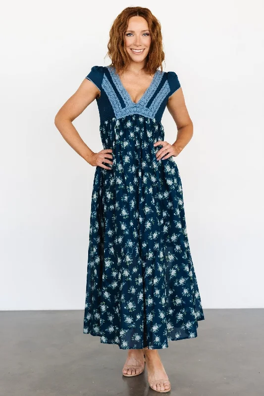 Lucille Maxi Dress | Dark Blue Floral Elegant Velvet Maxi Dress