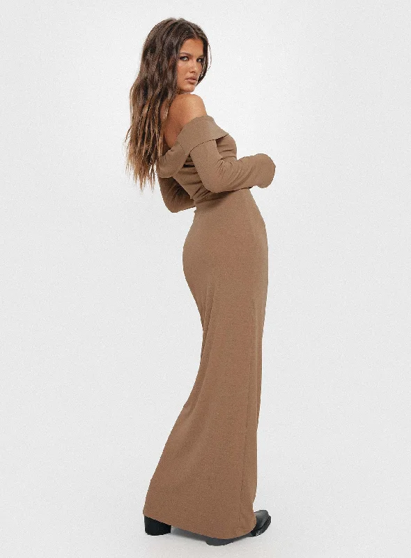 Maida Maxi Dress Light Brown Elegant Maxi Dress with Lace