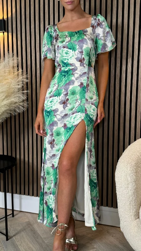 Marley Green & Purple Printed Sweetheart Neck Maxi Dress Trendy Satin Maxi Dress