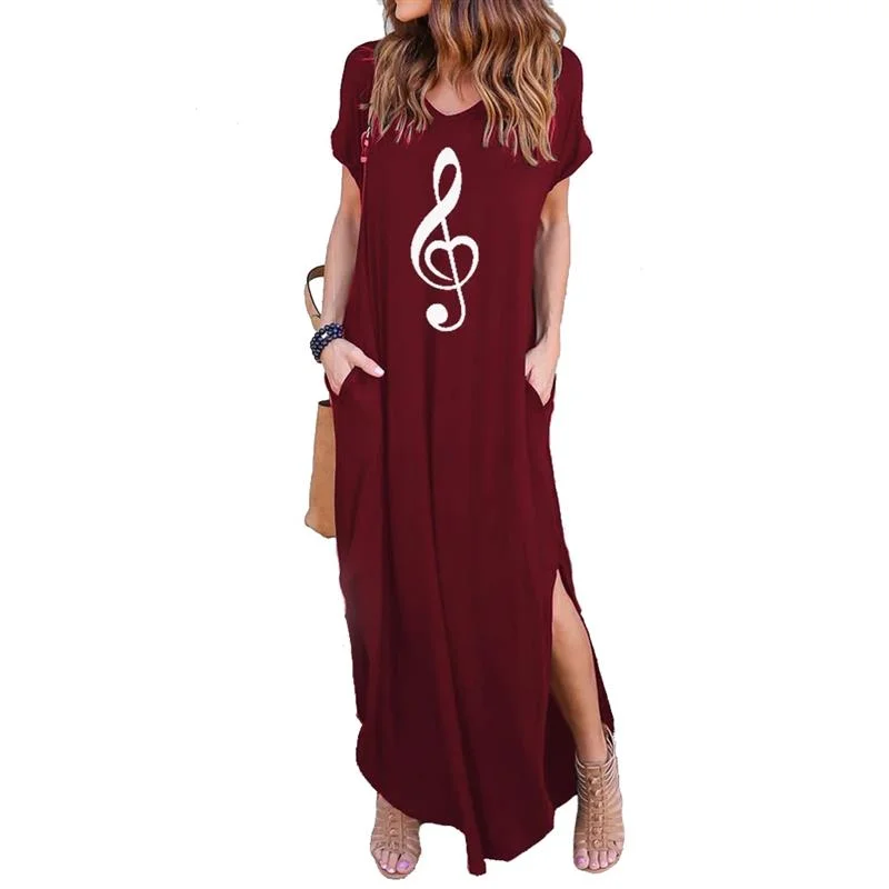 music Print women maxi dress fashion clothes american dresses Plus Size long vestidos sexy 2022 summer casual dress Stylish V-Neck Maxi Dress