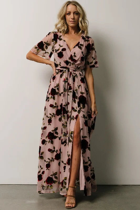 Parisian Velvet Maxi Dress | Blush Rose Floral Trendy Satin Maxi Dress