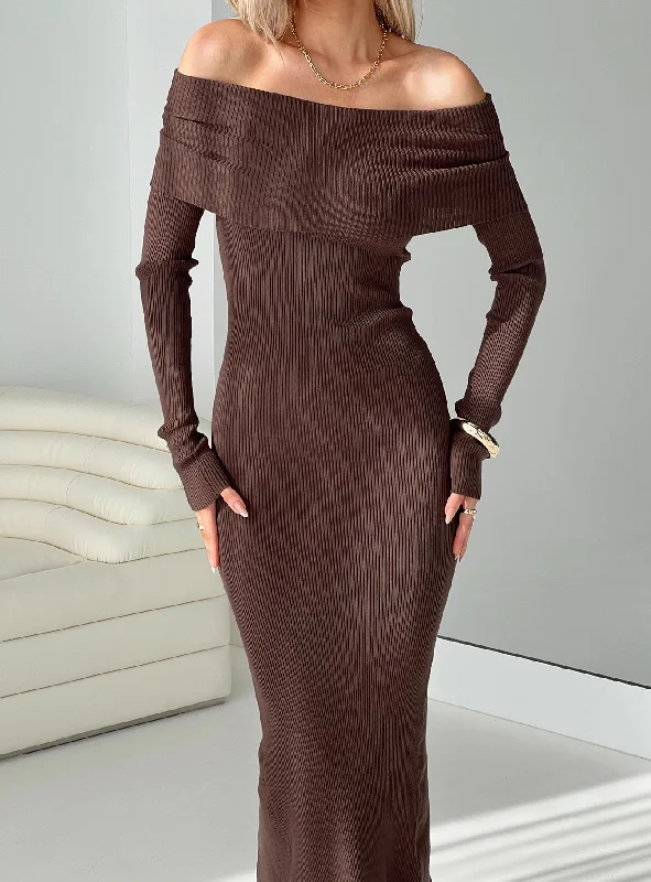 Phylis Off The Shoulder Maxi Dress Chocolate Elegant Maxi Dress with Drapes