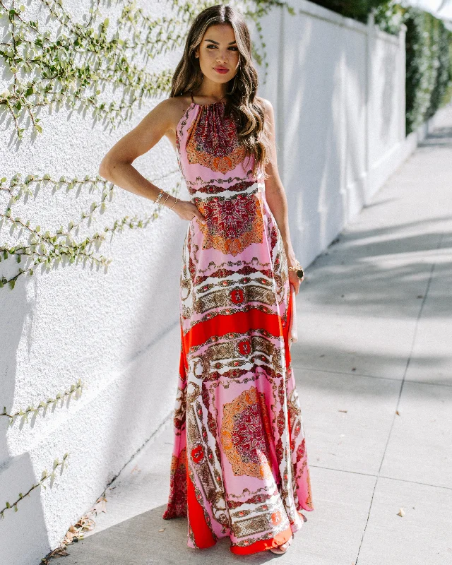 PREORDER - Reina Printed Halter Maxi Dress Fashionable Asymmetrical Maxi Dress