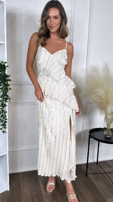 Shelby Cream & Gold Strappy Frill Detail Maxi dress Fashionable Off-Shoulder Maxi Dress