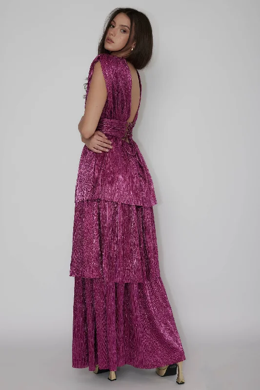 Shimmer Layered Maxi Dress Magenta Haze Fashionable Faux Wrap Maxi Dress