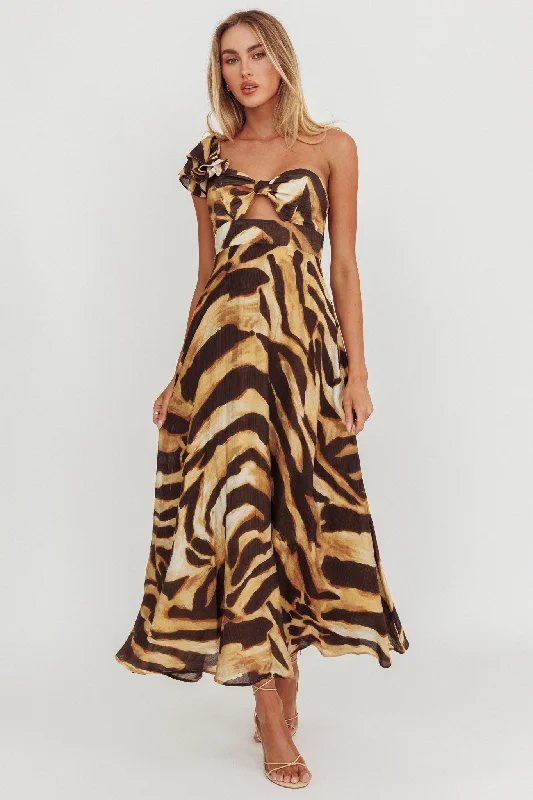 Skyla One Shoulder Ruffle Maxi Dress Leopard Elegant Lace-Up Maxi Dress