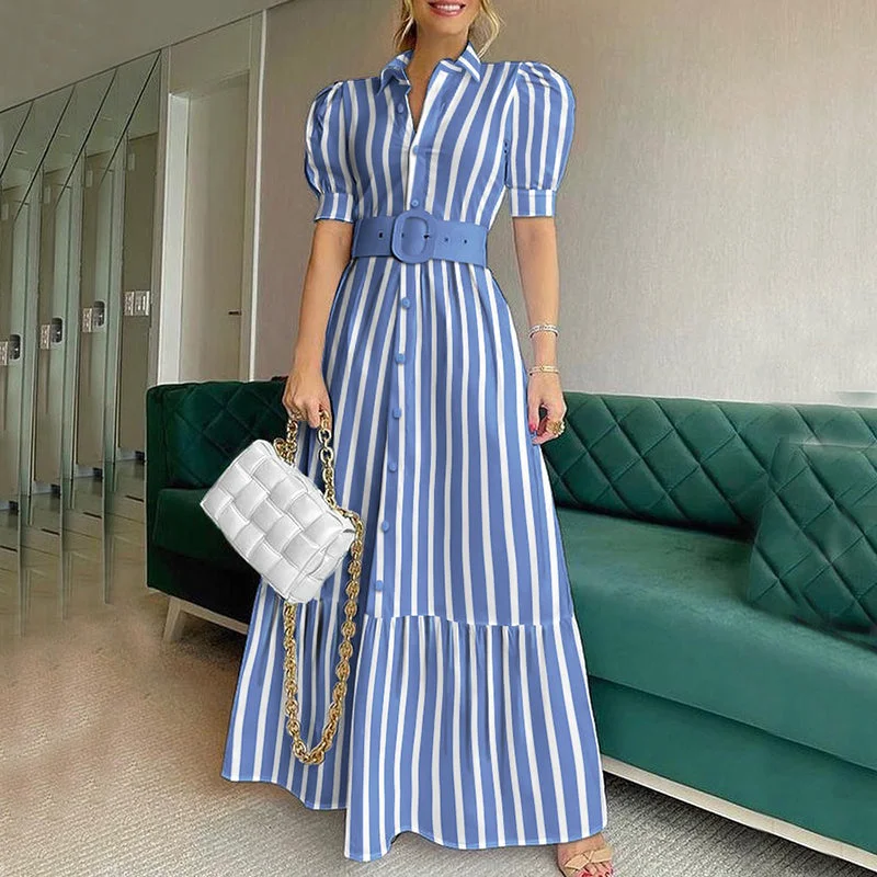 Summer Elegant Turn Down Collar Stripe Print Shirts Maxi Dress With Belt Casual Women Puff Sleeve Long Dresses Trendy V-Neck Maxi Dress