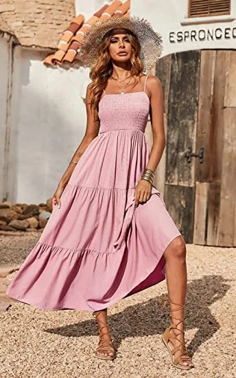 Sunshower Cotton Tiered Maxi Dress - Blush Cozy Spaghetti Strap Maxi Dress