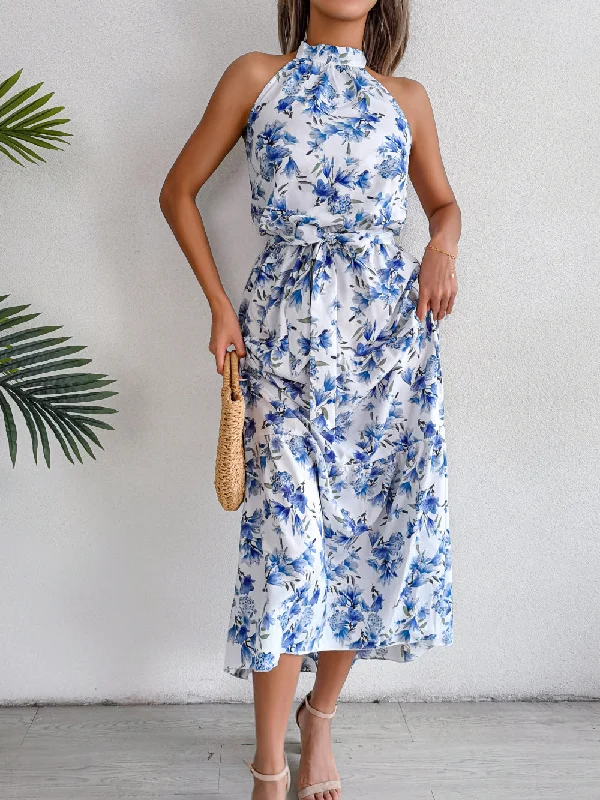 Sure Thing Floral Chiffon Halter Maxi Dress - Blue - FINAL SALE Elegant Floral Maxi Dress