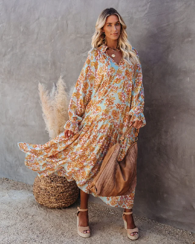 Sutherland Floral Boho Maxi Dress Cozy Ruffle Sleeve Maxi Dress