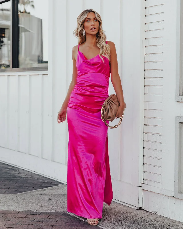 Take Care Satin Cowl Neck Maxi Dress - Fuchsia - FINAL SALE Comfortable Maxi Dress with Belt