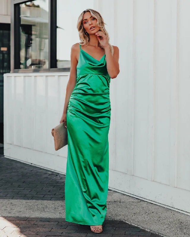 Take Care Satin Cowl Neck Maxi Dress - Green - FINAL SALE Elegant Wraparound Maxi Dress