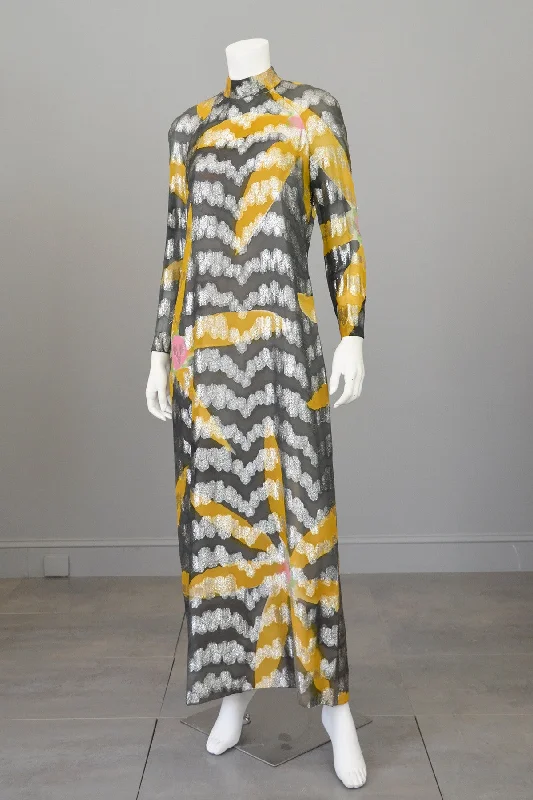 Vintage 70s Silver Lame Goldenrod and Charcoal Retro MOD Maxi Dress Trendy Floral Print Maxi Dress