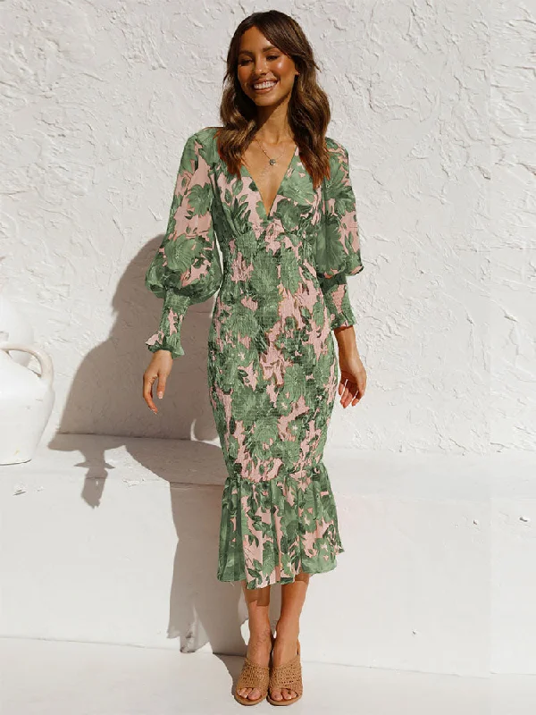 FashionSierra - Women Sexy V Neck Floral Printed Ruffle Maxi Dresses Cozy Cold-Shoulder Maxi Dress