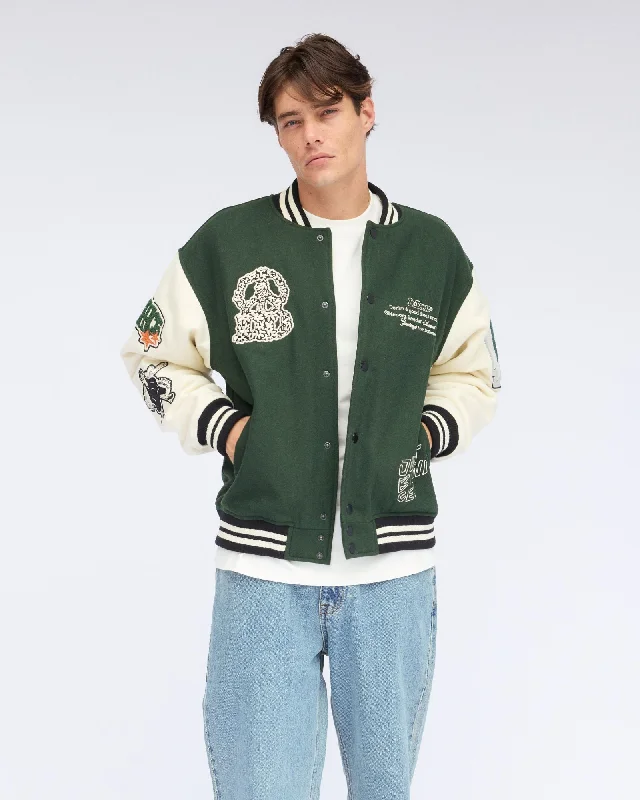 Annivarsity Jacket - Green Patched One-Shoulder Jacket Off-the-Shoulder Jacket Asymmetrical Jacket