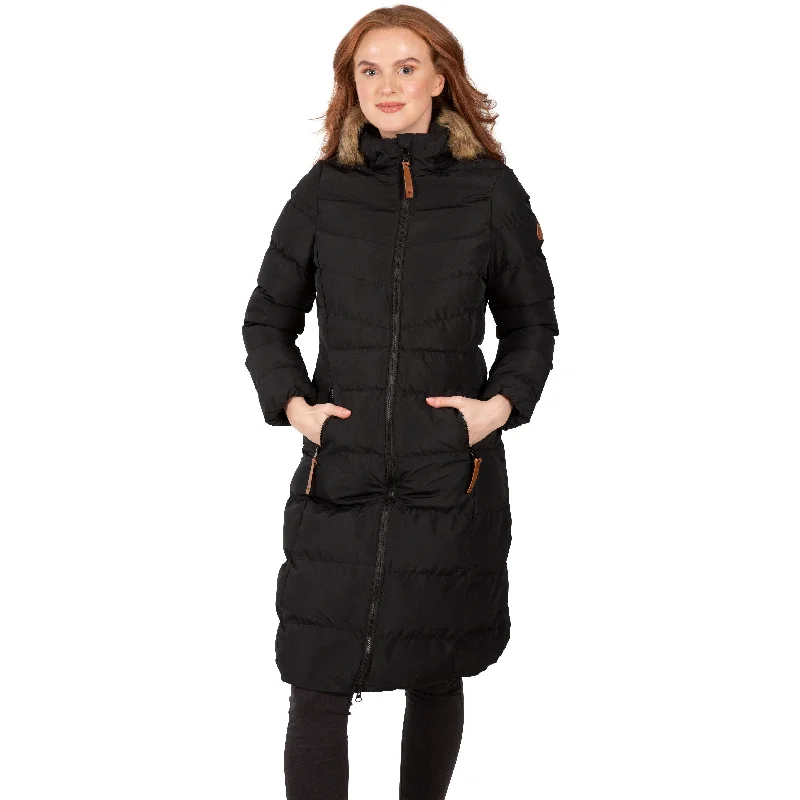 Audrey Women's Padded Long Length Jacket in Black Front Pockets Side Pockets Patch Pockets